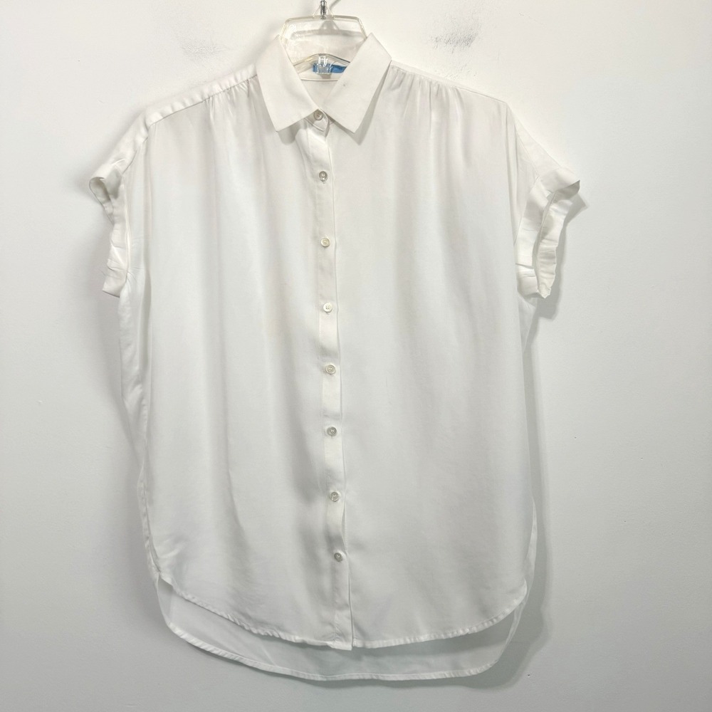 J McLaughlin Blouse XS White Cap Sleeve Button Front Lyocell Thin Summer Shirt